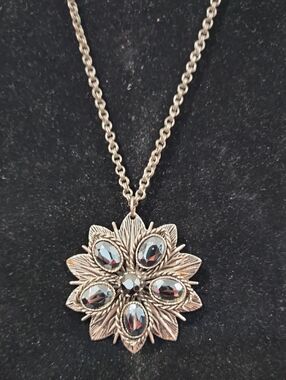 Silver-Tone Floral Pendant Necklace with Hematite Stones - 18" Chain